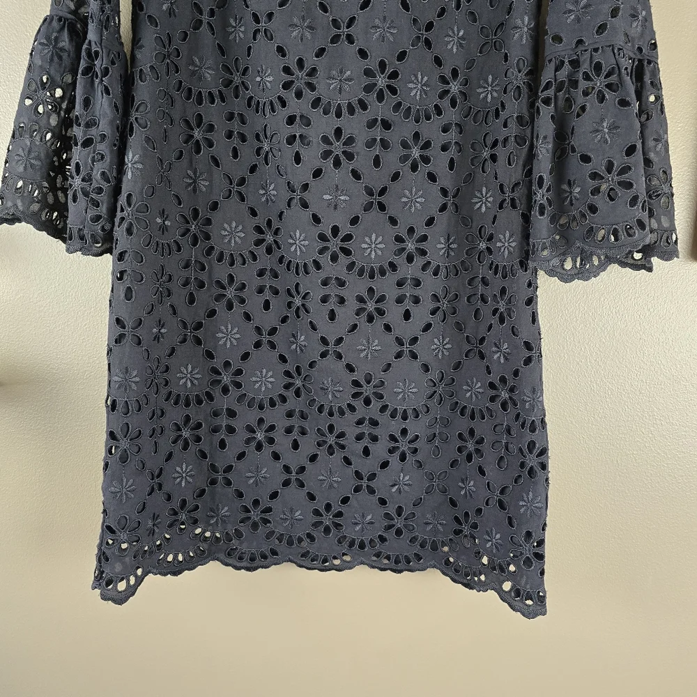 J.Crew Cora Lace Embroidered Eyelet Black Bell Sleeve Dress Size 0